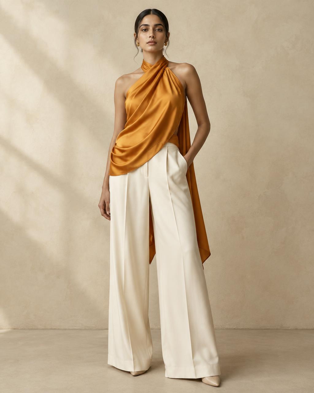 Saffron silk drape over wide ivory trousers
