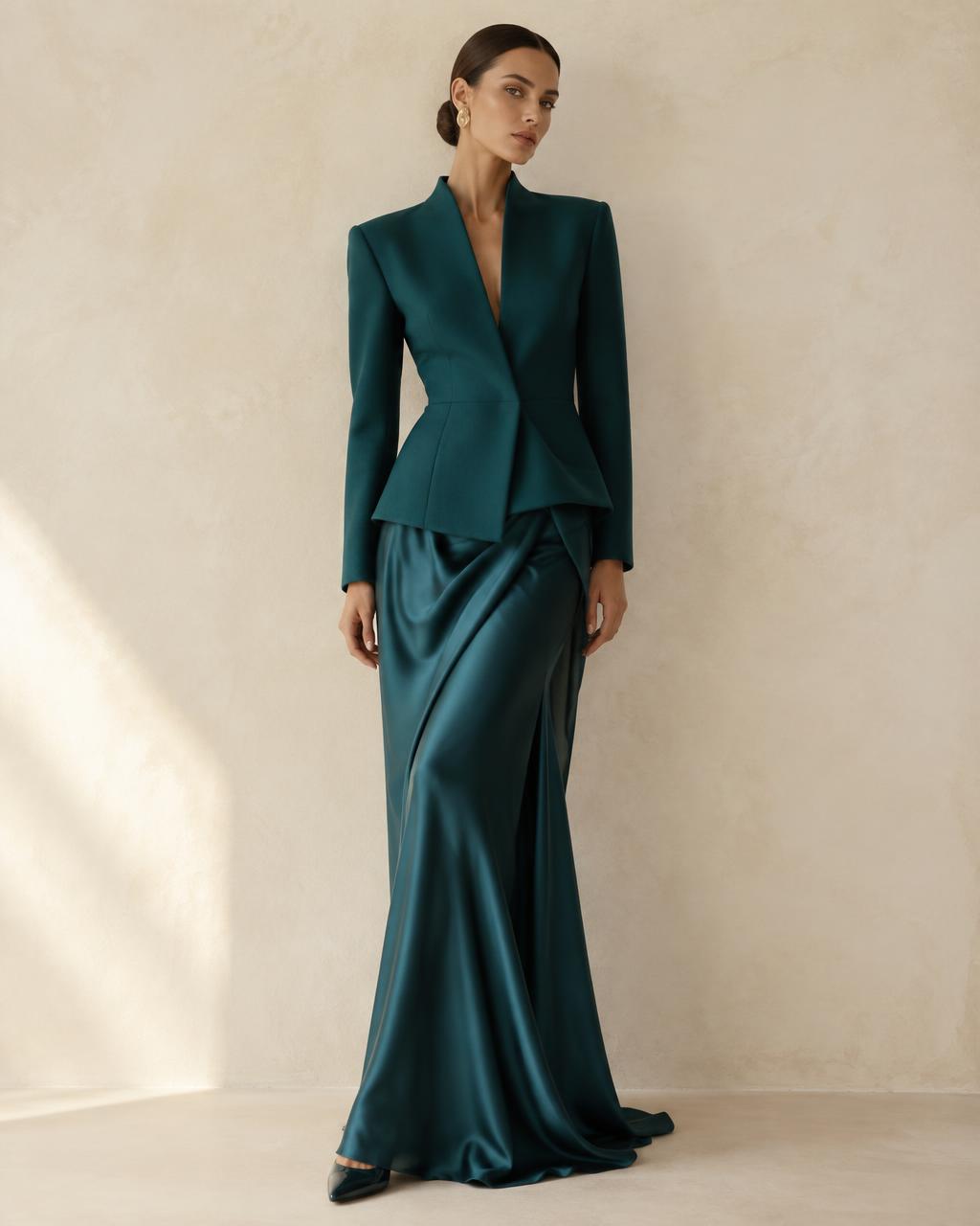 Teal sculpted jacket over a fluid silk skirt