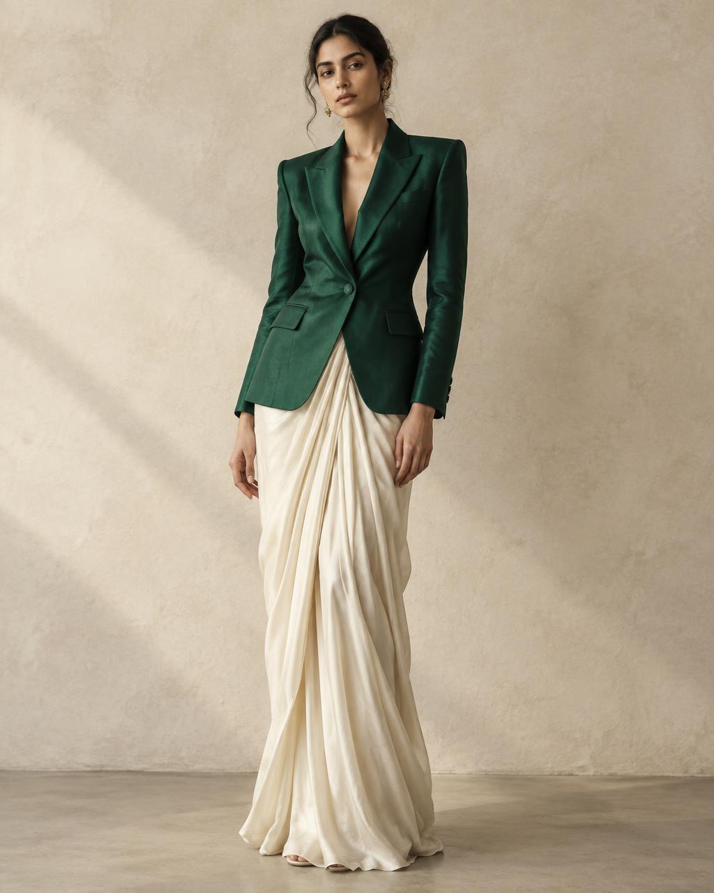 Emerald silk blazer over a draped ivory skirt