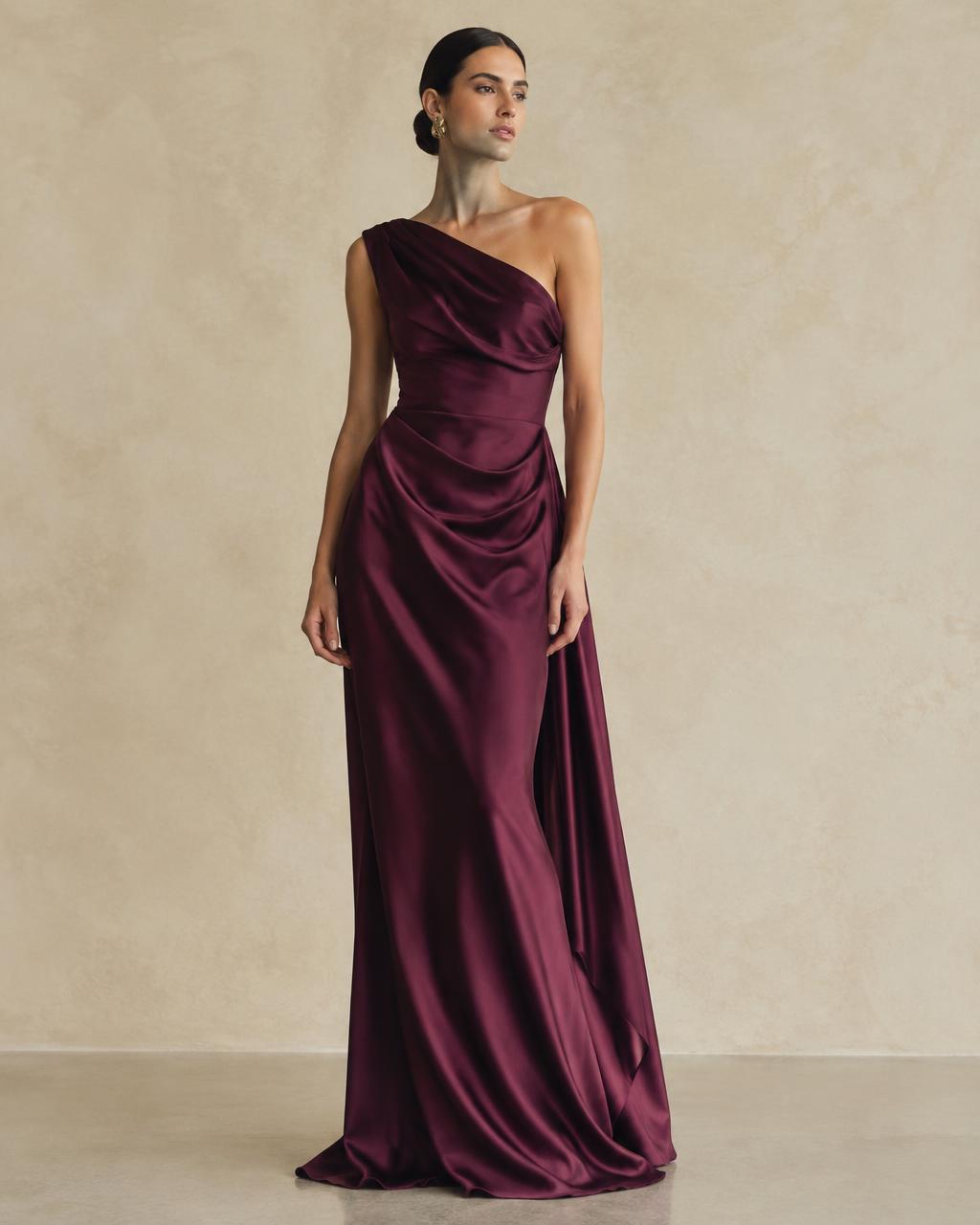 Deep plum asymmetric silk gown