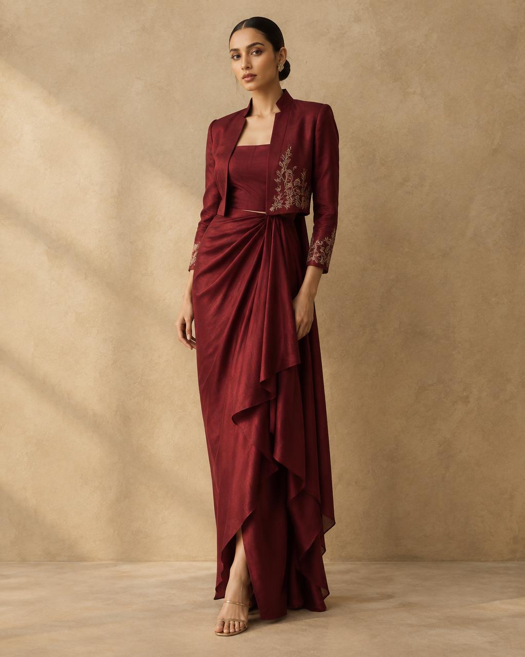 Berry silk draped ensemble with a cropped jacket